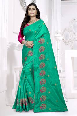 Turquoise Embroidered Silk Saree With Blouse 1