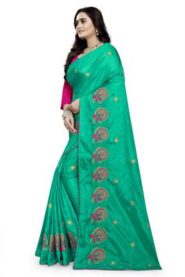 Turquoise Embroidered Silk Saree With Blouse 2