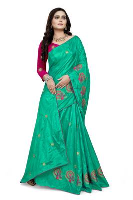 Turquoise Embroidered Silk Saree With Blouse 3