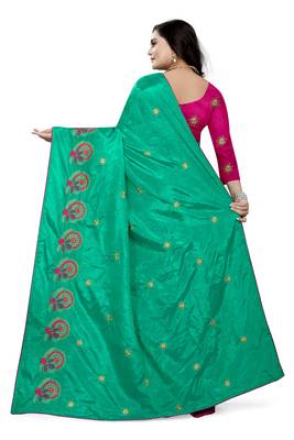 Turquoise Embroidered Silk Saree With Blouse 4