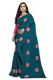 Turquoise Embroidered Silk Saree With Blouse