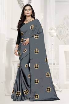 Grey Embroidered Silk Saree With Blouse