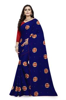 Blue Embroidered Silk Saree With Blouse