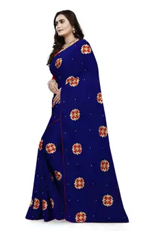 Blue Embroidered Silk Saree With Blouse