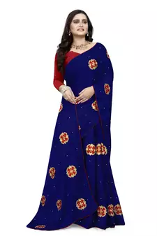Blue Embroidered Silk Saree With Blouse