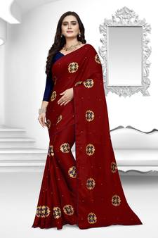 Maroon Embroidered Silk Saree With Blouse
