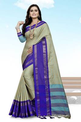 Blue Printed Cotton Silk Saree With Blouse 1