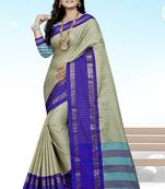 Blue Printed Cotton Silk Saree With Blouse