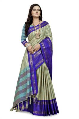 Blue Printed Cotton Silk Saree With Blouse 3