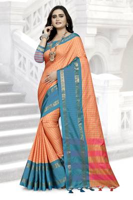 Sky Blue Printed Cotton Silk Saree With Blouse 1