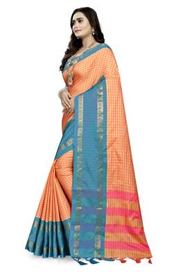 Sky Blue Printed Cotton Silk Saree With Blouse 2