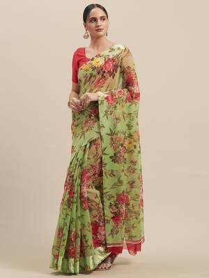 Woman's Green  Colored Digital Printed Cotton Blend Saree 1