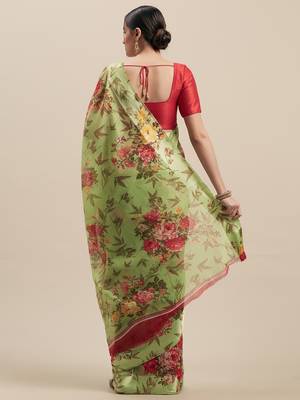 Woman's Green  Colored Digital Printed Cotton Blend Saree 2