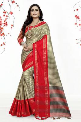 Red Printed Cotton Silk Saree With Blouse 1