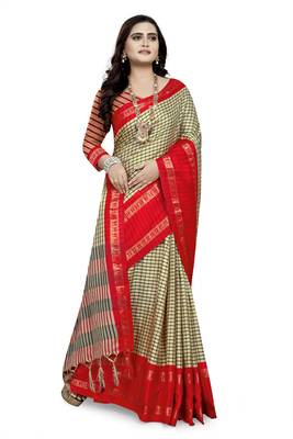 Red Printed Cotton Silk Saree With Blouse 3