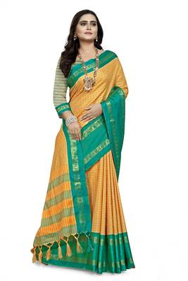 Green Printed Cotton Silk Saree With Blouse 3