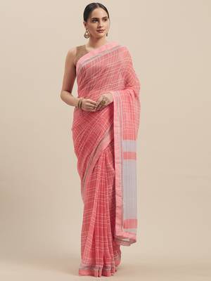Woman's Pink Colored Poly Chiffon Checked Saree 1