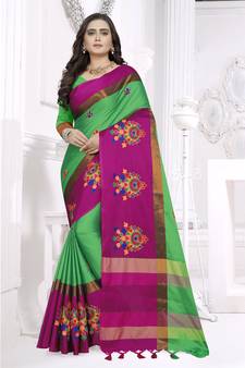 Green Embroidered Cotton Silk Saree With Blouse