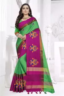 Green Embroidered Cotton Silk Saree With Blouse