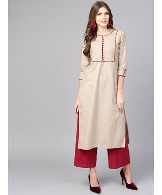 Women Beige Solid Straight Handloom Cotton Kurta 1