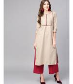 Women Beige Solid Straight Handloom Cotton Kurta