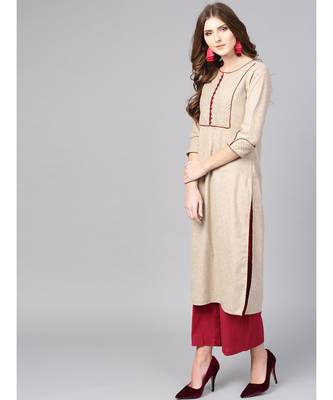 Women Beige Solid Straight Handloom Cotton Kurta 2