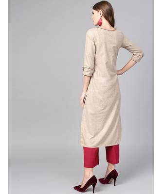 Women Beige Solid Straight Handloom Cotton Kurta 4