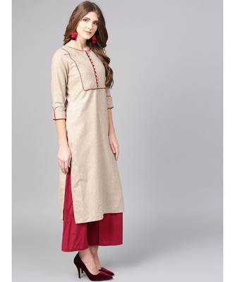 Women Beige Solid Straight Handloom Cotton Kurta 5
