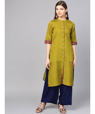 Women Green Textured Straight Cotton Silk Kurta 1
