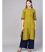 Women Green Textured Straight Cotton Silk Kurta