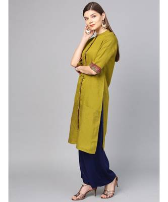 Women Green Textured Straight Cotton Silk Kurta 2