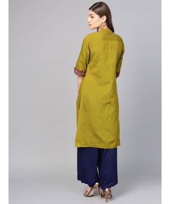 Women Green Textured Straight Cotton Silk Kurta 3