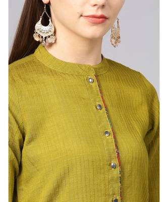 Women Green Textured Straight Cotton Silk Kurta 4
