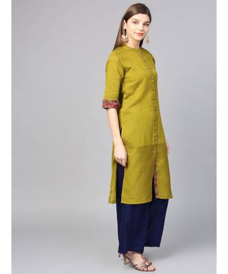 Women Green Textured Straight Cotton Silk Kurta 5