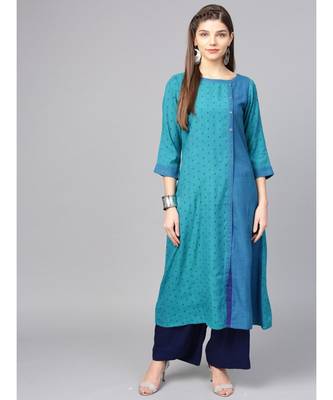 Women Teal Geometric A-Line Rayon Dobby Kurta 1