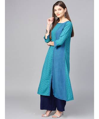 Women Teal Geometric A-Line Rayon Dobby Kurta 2