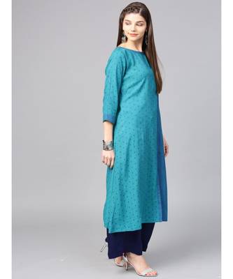 Women Teal Geometric A-Line Rayon Dobby Kurta 3
