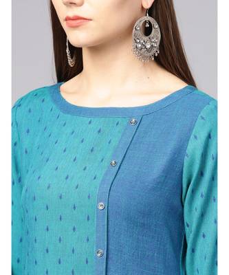 Women Teal Geometric A-Line Rayon Dobby Kurta 4