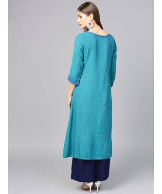 Women Teal Geometric A-Line Rayon Dobby Kurta 5