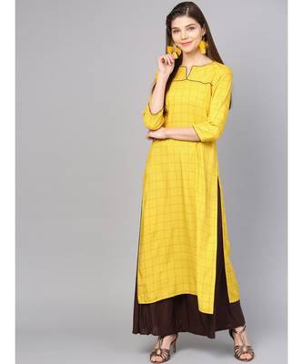 Women Mustard Geometric straight Yarn Dyed Rayon Kurta 1