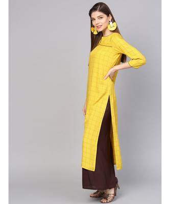 Women Mustard Geometric straight Yarn Dyed Rayon Kurta 2