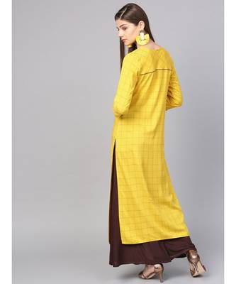 Women Mustard Geometric straight Yarn Dyed Rayon Kurta 3