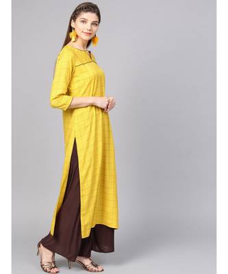 Women Mustard Geometric straight Yarn Dyed Rayon Kurta 5