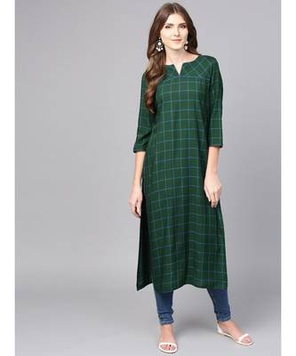 Women Green Geometric straight Yarn Dyed Rayon Kurta 1
