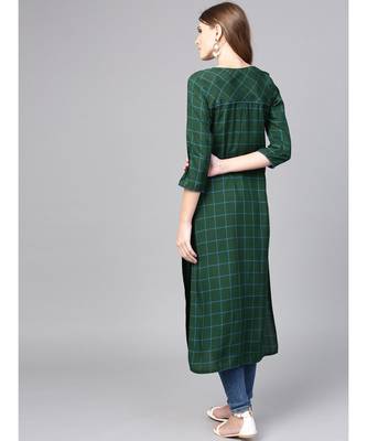 Women Green Geometric straight Yarn Dyed Rayon Kurta 3