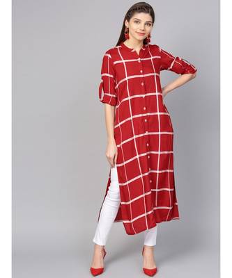 Women Red Geometric straight Yarn Dyed Rayon Kurta 1