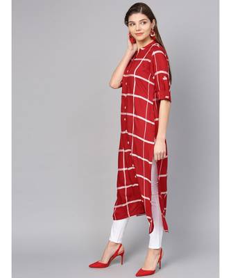 Women Red Geometric straight Yarn Dyed Rayon Kurta 2