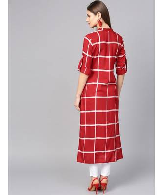 Women Red Geometric straight Yarn Dyed Rayon Kurta 3