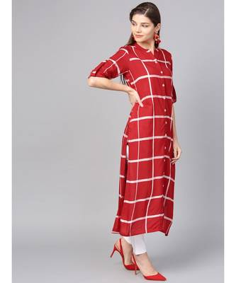 Women Red Geometric straight Yarn Dyed Rayon Kurta 5