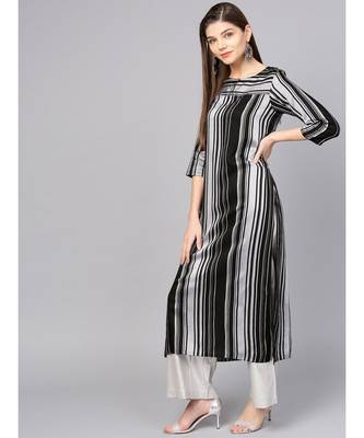 Women Black Geometric straight Yarn Dyed Rayon Kurta 2